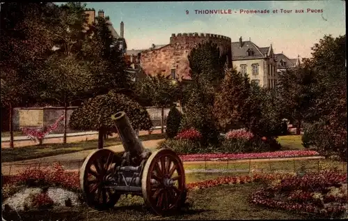 Ak Thionville Diedenhofen Lothringen Moselle, Promenade et Tour aux Puces, Kanone