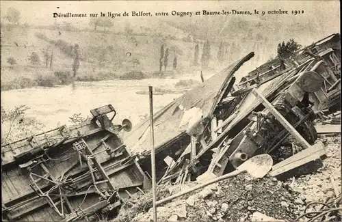 Ak Baume les Dames Doubs, Deraillement sur la ligne de Belfort 1911