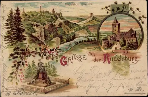 Litho Bad Kösen Naumburg an der Saale, Rudelsburg, Saaleck, Bismarckdenkmal