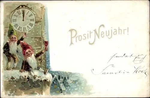 Ak Glückwunsch Neujahr, Turmuhr, Zwerge