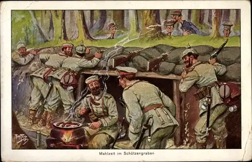Künstler Ak Thiele, Arthur, Deutsche Soldaten, Mahlzeit im Schützengraben