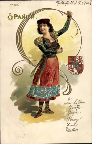 Wappen Litho Spanien, Junge Frau in spanischer Tracht, Kastagnetten