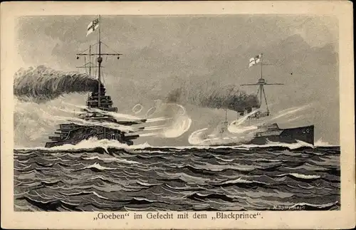 Künstler Ak Deutsches Kriegsschiff, SMS Goeben im Gefecht mit dem Blackprince