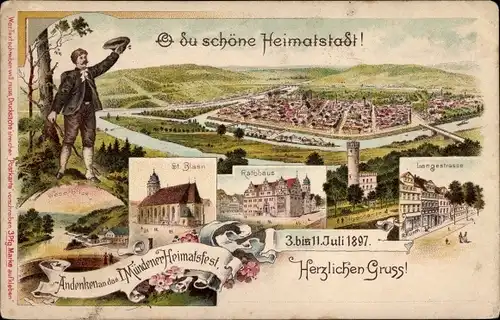 Ganzsachen Litho Hann. Münden in Niedersachsen, Heimatsfest 1897, Rathaus, St. Blasien