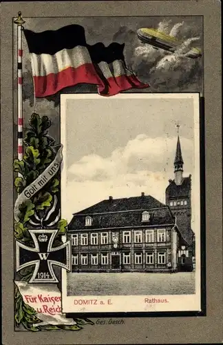 Passepartout Ak Dömitz an der Elbe, Rathaus, Zeppelin, Fahne, Eisernes Kreuz