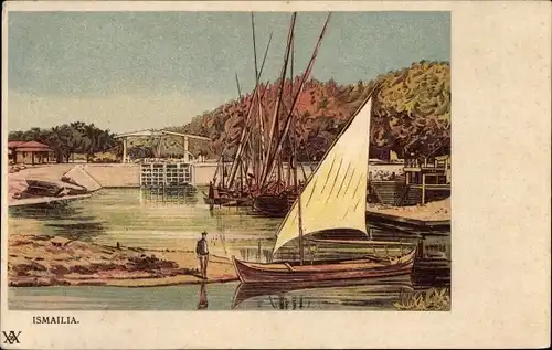 Litho Ismailia Ägypten, Hafenpartie, Segelboote