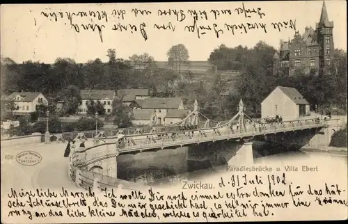 Ak Zwickau in Sachsen, Blick über die Paradiesbrücke auf die Villa Ebert