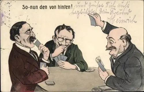 Ak So nun den von hinten, drei Männer beim Kartenspiel