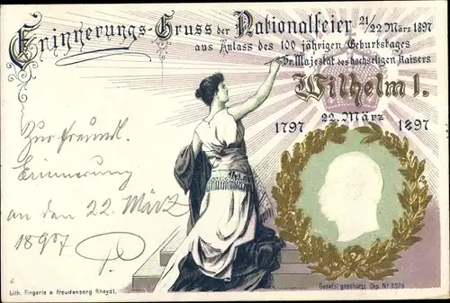 Präge Litho Nationalfeier 1897, 100 jähriger Geburtstag Kaiser Wilhelm I