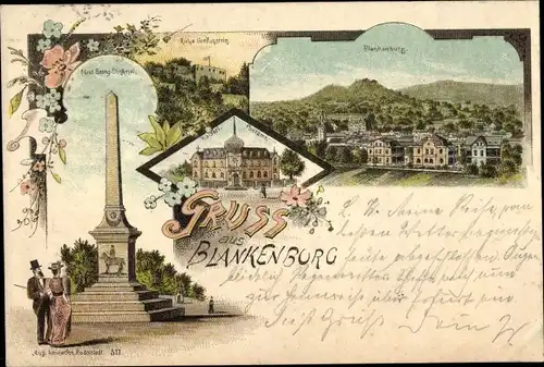 Litho Bad Blankenburg in Thüringen, Ruine Greifenstein, Fürst Georg Denkmal, Postamt