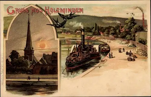 Litho Holzminden im Weserbergland, Salondampfer am Ufer, Kirchturm