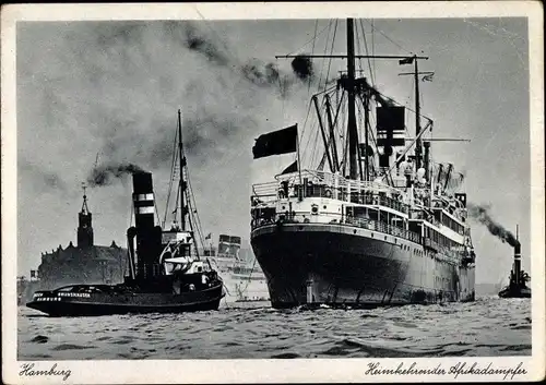 Ak Hamburg, Heimkehrender Afrikadampfer, Schlepper Brunshausen