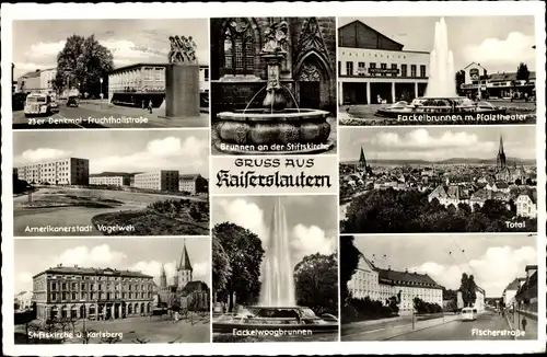 Ak Kaiserslautern in der Pfalz, Brunnen an der Stiftskirche, Amerikanerstadt Vogelweh, Karlsberg