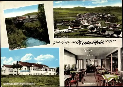 Ak Oberstadtfeld in der Eifel, Gasthaus, Innenansicht, Blick auf den Ort