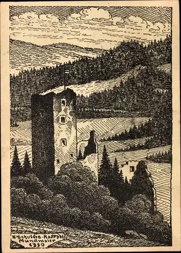 Künstler Ak Schuldis Raffael, Waldkirch im Breisgau Schwarzwald, Ruine Kastelburg