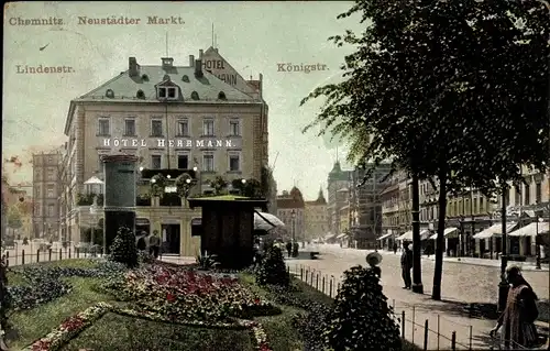 Ak Chemnitz Sachsen, Neustädter Markt, Königstraße, Lindenstraße, Hotel Herrmann