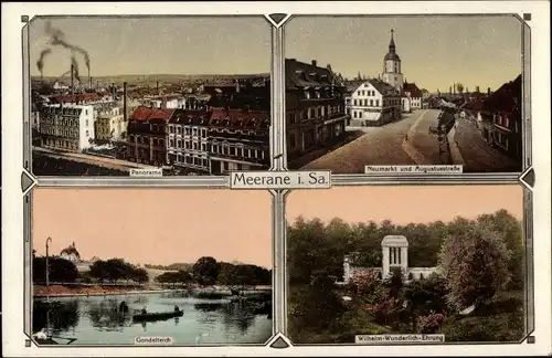 Ak Meerane in Sachsen, Panorama, Neumarkt, Augustusstraße, Wilhelm Wunderlich Ehrung, Gondelteich