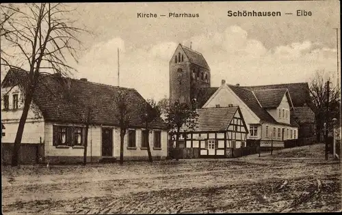 Ak Schönhausen an der Elbe, Teilansicht mit Kirche und Pfarrhaus