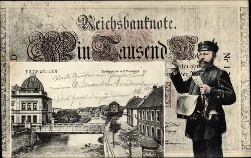 Passepartout Ak Eschweiler Nordrhein Westfalen, Indepartie mit Postamt, Postbote, Reichsbanknote