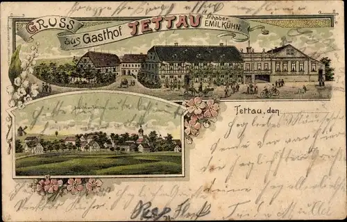 Litho Tettau in Oberfranken, Gasthof Tettau, Blick auf den Ort