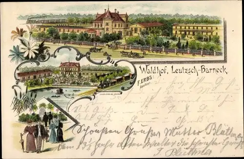 Litho Leutzsch Barneck Leipzig in Sachsen, Pfedegespanne, Eisenbahn, Teich, Waldhof Leutzsch