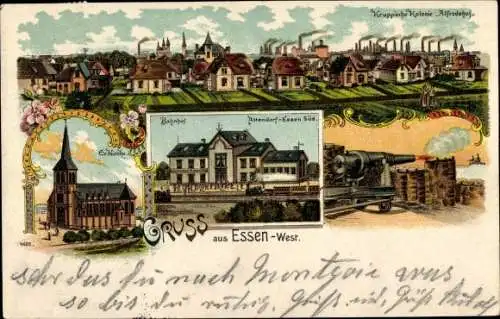 Litho Essen im Ruhrgebiet, Bahnhof Altendorf Essen Süd, Kolonie Alfredshof, Kirche, Kanone