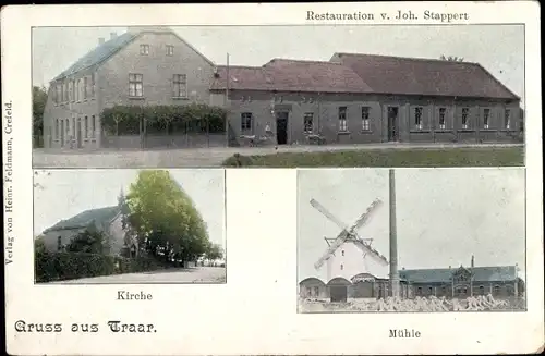 Ak Traar Krefeld am Niederrhein, Restauration, Windmühle, Kirche