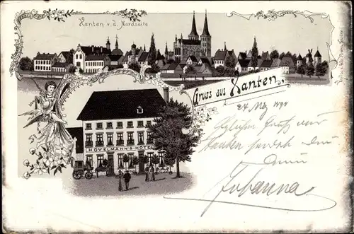 Litho Xanten am Niederrhein, Hövelmann's Hotel, Blick auf den Ort