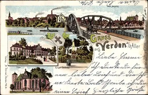 Litho Verden an der Aller, Kriegerdenkmal, Dom, Gymnasium, Totalansicht