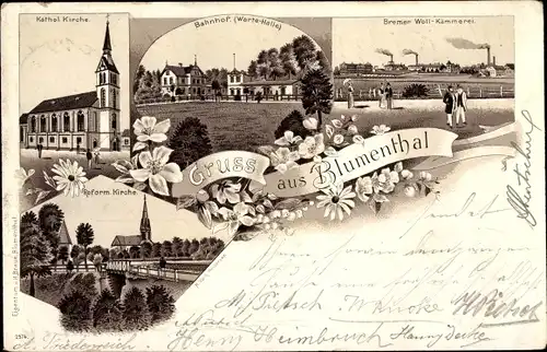 Litho Blumenthal Bremen, Kath. Kirche, Ev. Kirche, Bahnhof, Bremer Wollkämmerei