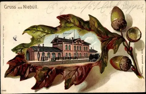 Eichenblatt Präge Litho Niebüll in Nordfriesland, Bahnhof, Gleisseite