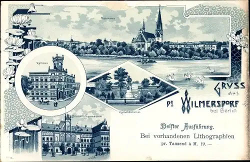 Litho Berlin Wilmersdorf, Kaiserdenkmal, Bismarck Gymnasium, Rathaus, Panorama