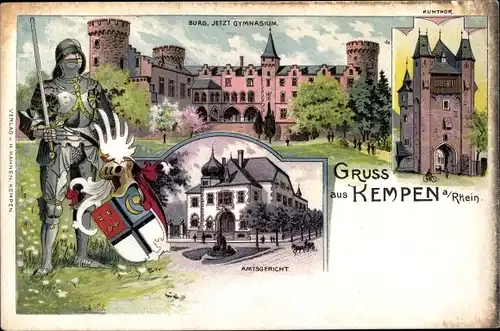 Wappen Litho Kempen am Niederrhein, Kuhtor, Burg, Gymnasium, Amtsgericht, Ritter