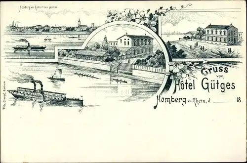 Litho Homberg am Rhein Duisburg im Ruhrgebiet, Hotel Gütges, Blick auf den Ort