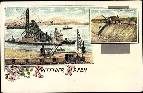 Litho Krefeld am Niederrhein, Partie am Hafen, Trockenbagger, Elevator, Dampflok, Güterwagons