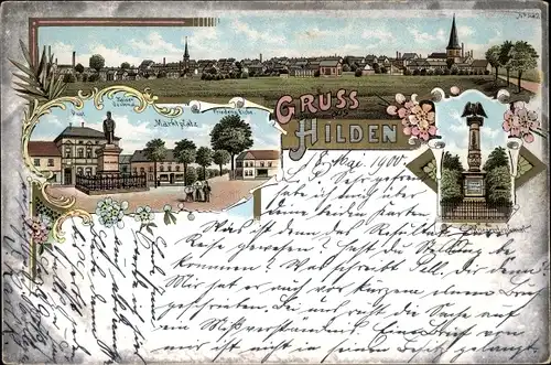 Litho Hilden im Rheinland, Kriegerdenkmal, Marktplatz, Friedenseiche, Post