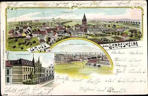 Litho Gerresheim Düsseldorf am Rhein, Totalansicht der Ortschaft, Glashüttenwerke, Ferdinandsheim