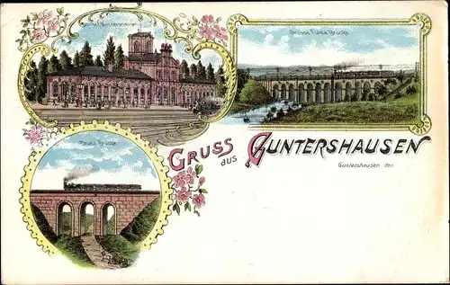 Litho Guntershausen Baunatal in Hessen, Bahnhof, Gleisseite, Fuldabrücke