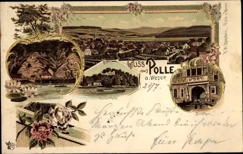 Litho Polle an der Weser in Niedersachsen, Burgtor, Ruine, Teufelsmühle, Totalansicht