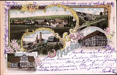 Litho Offleben Büddenstedt in Niedersachsen, Gasthof Fr. Krusekopf, Posthaus, Totalansicht