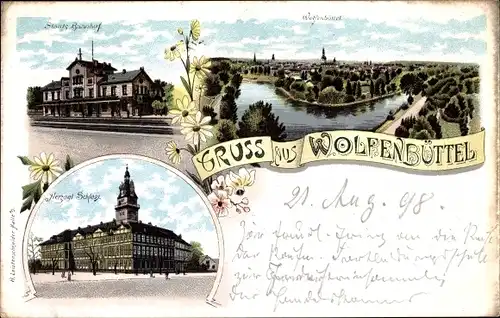 Litho Wolfenbüttel in Niedersachsen, Staatsbahnhof, Gleisseite, Schloss, Blick auf den Ort