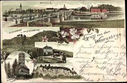 Litho Rinteln an der Weser, Blick auf den Ort, Schaumburg, Paschenburg, Klippenturm, Hohenstein