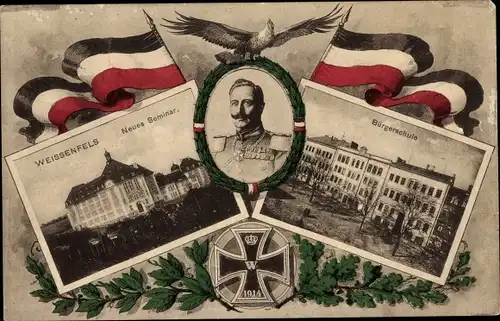 Passepartout Ak Weißenfels an der Saale, Neues Seminar, Bürgerschule, Kaiser Wilhelm II., Fahnen, EK