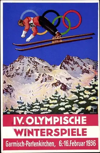 Künstler Ak Garmisch Partenkirchen in Oberbayern, Olympische Winterspiele 1936, Skisprung