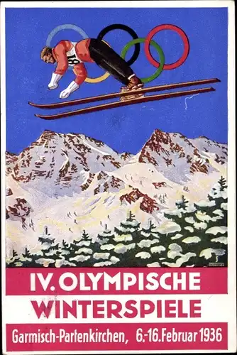 Künstler Ak Garmisch Partenkirchen in Oberbayern, Olympische Winterspiele 1936, Skisprung