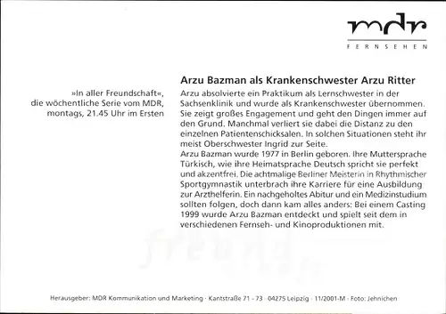 Ak Schauspielerin Arzu Bazman, Portrait, Autogramm, ARD, MDR, In aller Freundschaft