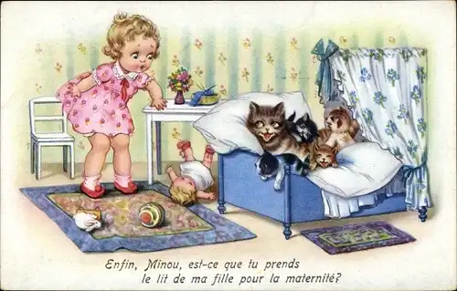 Ak Katzen im Bett, Schlafzimmer, Mädchen, Puppe