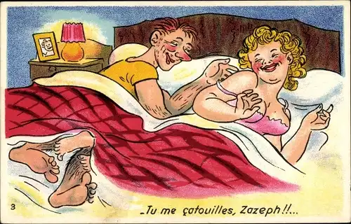 Ak Liebespaar im Bett, Tu me catouilles, Zazeph...