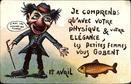 Künstler Ak Glückwunsch 1. April, Mann mit roter Nase, Fisch