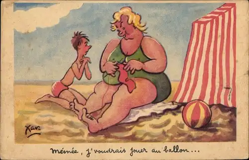 Künstler Ak Frau beim Stricken, Kind, Ball, Strandleben